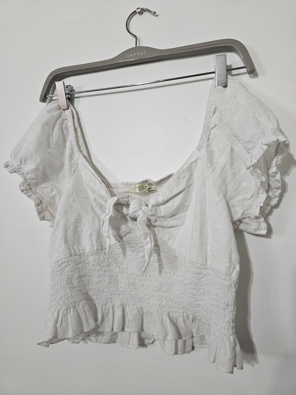 White Eyelet Smocked Ruffle Crop Top with Tie Front